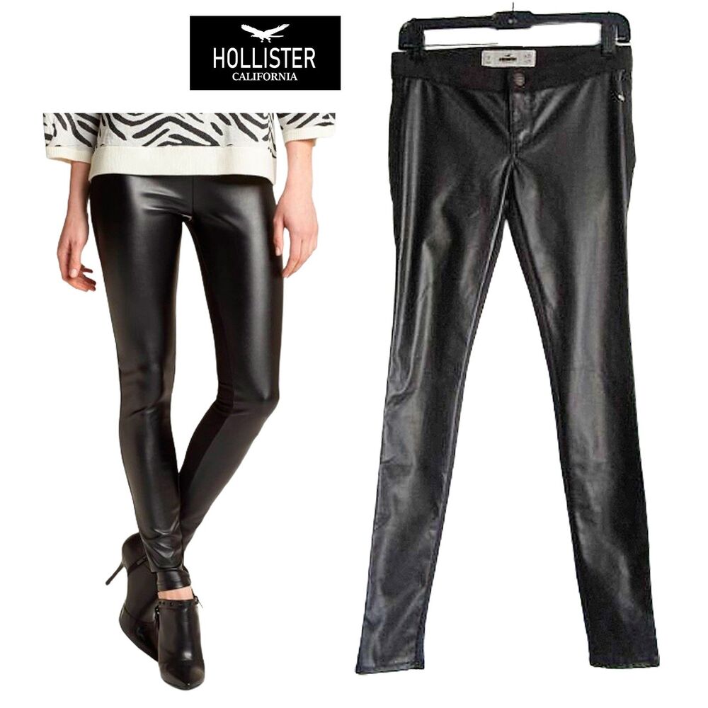 HOLLISTER NEW Y2K Faux Leather Knit Low Rise Skinny Leggings W25 Brown